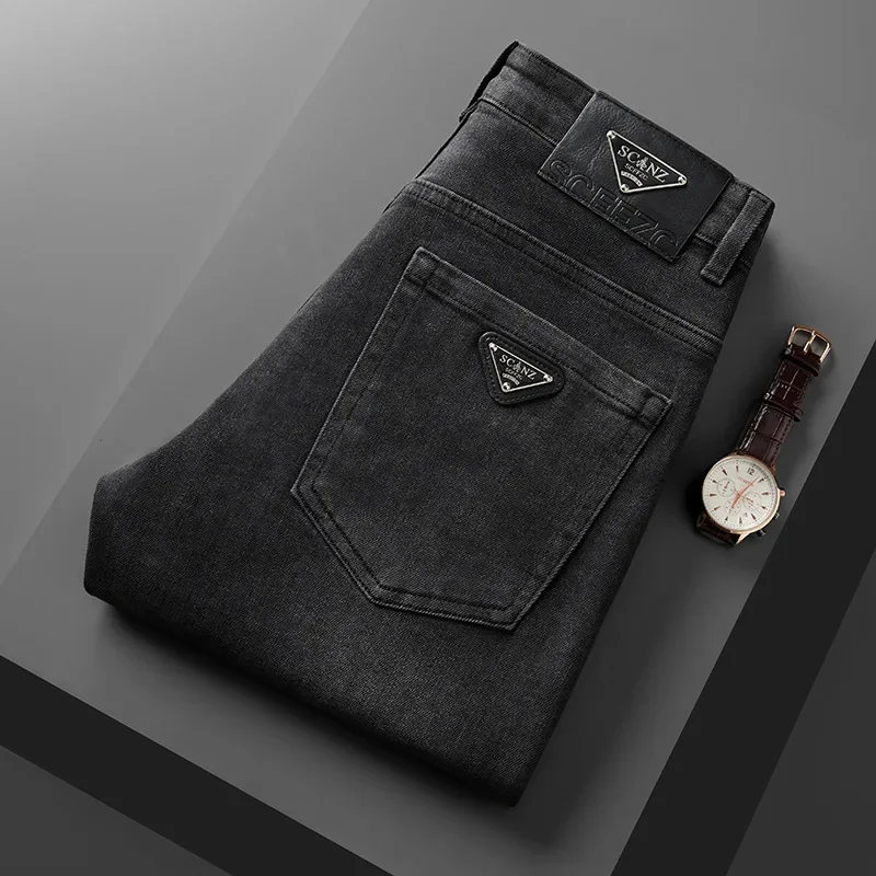 الراقية الرجال مستقيم الساق الجينز عارضة المألوف الثقيلة غسلها الخريف الشتاء الأعمال عارضة السراويل الطويلة