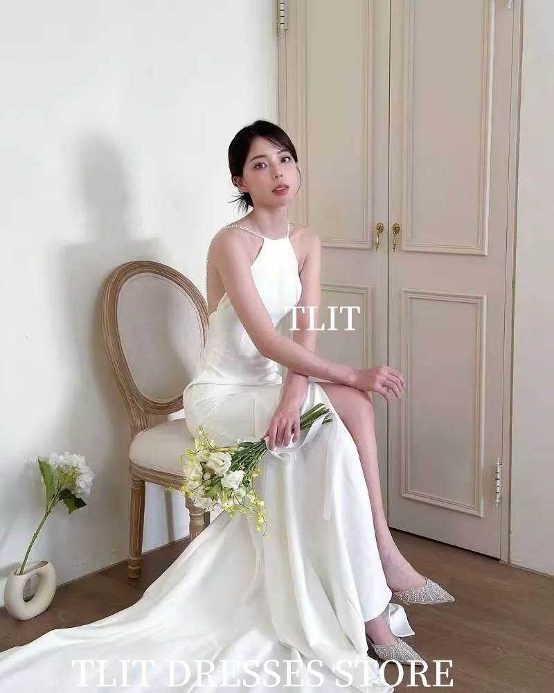 TLIT – robe de soirée sirène blanche Simple, robes de mariée coréennes, séance Photo, personnalisée, col licou, perles, dos nu, robes de bal, fente haute