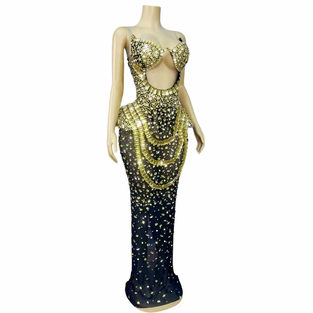 Robe longue en strass scintillants pour femmes, maille Sexy transparente, robe de soirée d'anniversaire, vêtements de séance photo