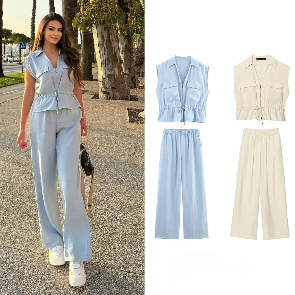 KONDALA Casual Hellblau Frauen Anzüge V-ausschnitt Ärmellose Zipper Tops Hohe Taille Breite Bein Hose Mode 2025, Sommer Streetwear Anzug