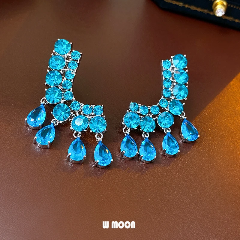 

French Exquisite Bling Sea Blue Zircon Earrings Luxury Silver Color Shiny Crystal Trendy Jewelry for Women Gift