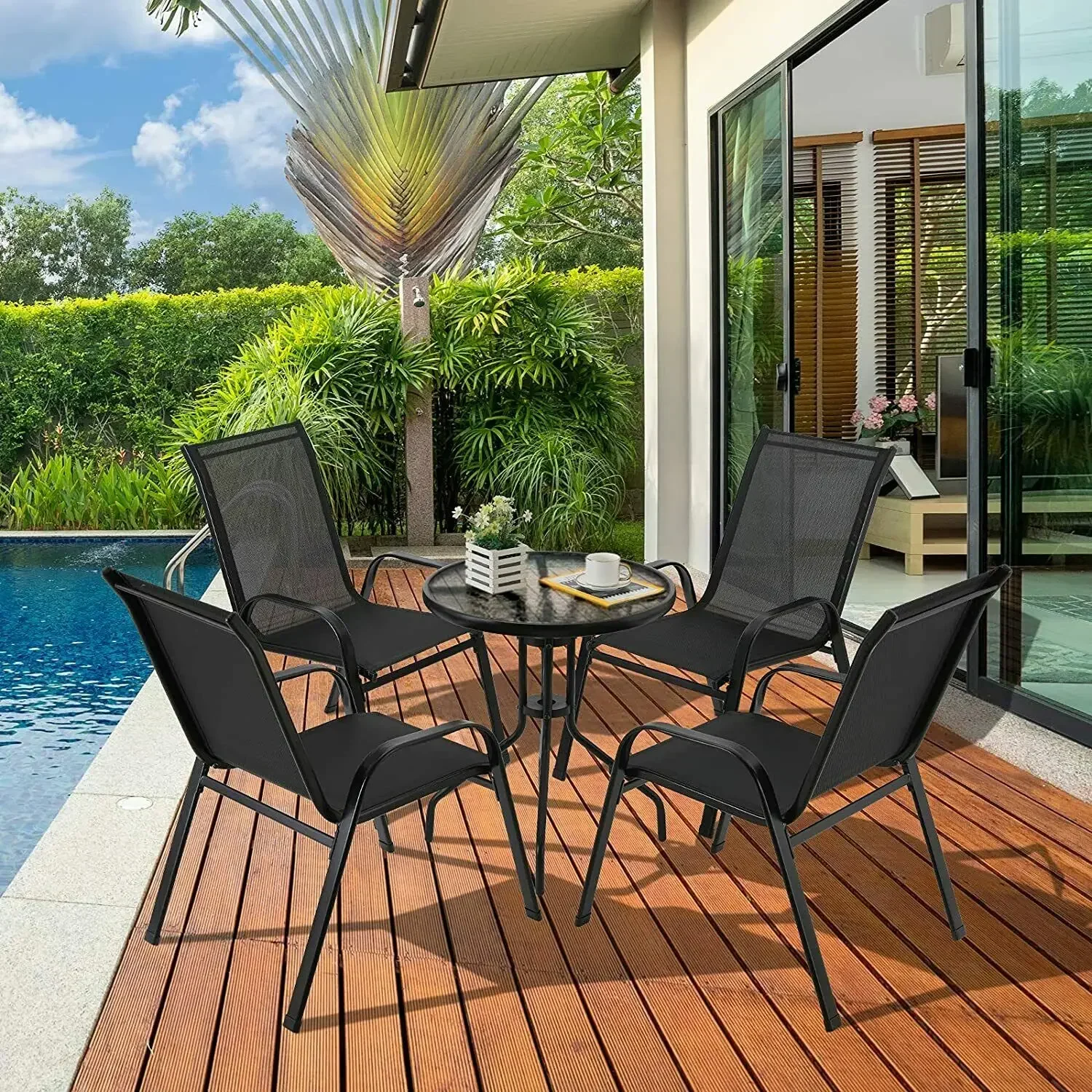 Metal Outdoor Chair Set Stackable Patio Textilene Dining Chair Stack Metal Frame Set of 4, Load Weight 150kg, Black,Brown,Gray image 6