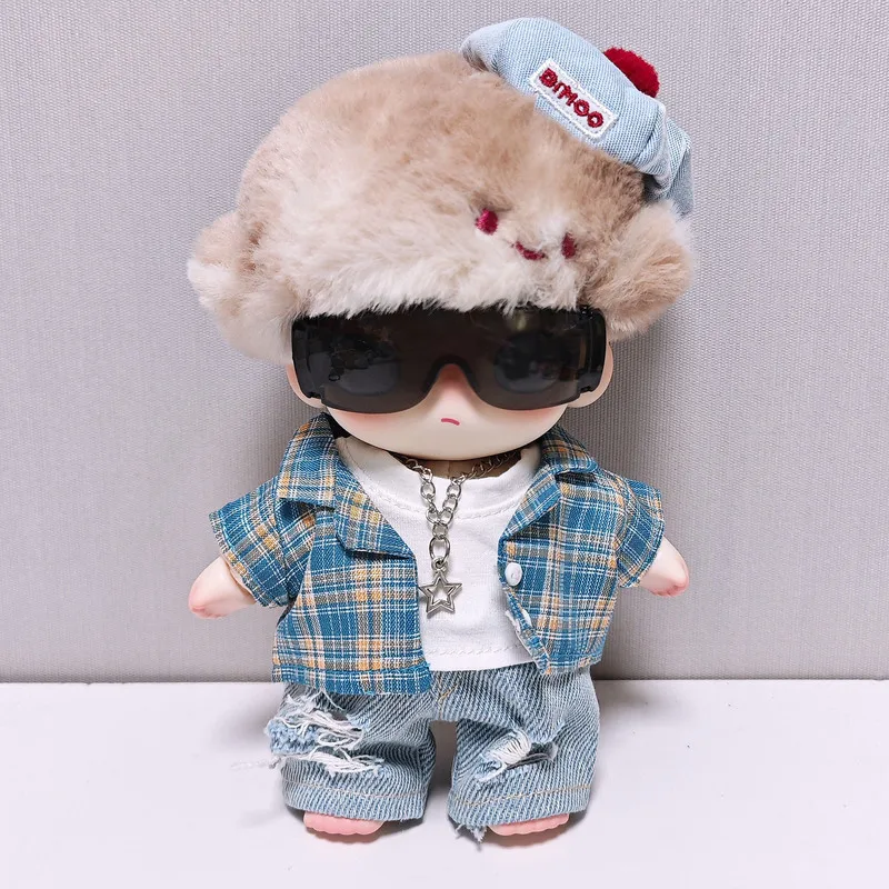Für Dimoo Puppenkleidung, Sommer, blau kariertes Hemd, 6-teilig, modisches Trend-Einstellungs-Outfit, Baumwoll-Puppenkleidungszubehör
