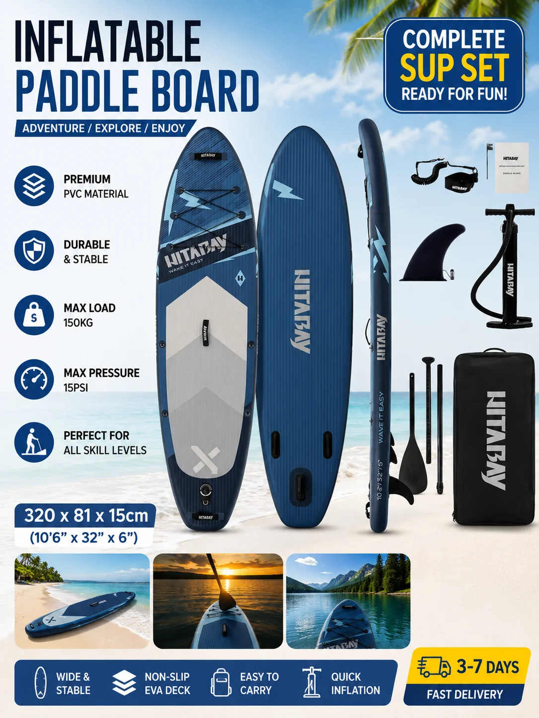 Dieses rutschfeste, aufblasbare Stand-Up-Paddleboard misst 310*81,5*13 cm, bietet hervorragende Stabilität, wird mit einem vollständigen Zubehörset geliefert und ist für Erwachsene und Jugendliche