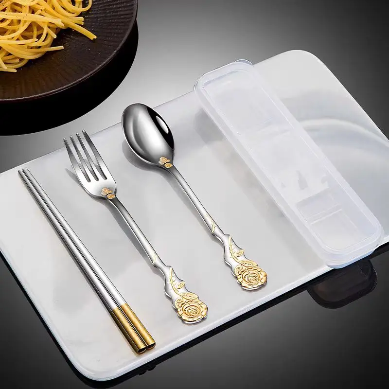

Embossed Rose 304 Stainless Steel Chopsticks, Spoons, Forks, and Tableware Portable Three Piece Set Camping cooking utensils