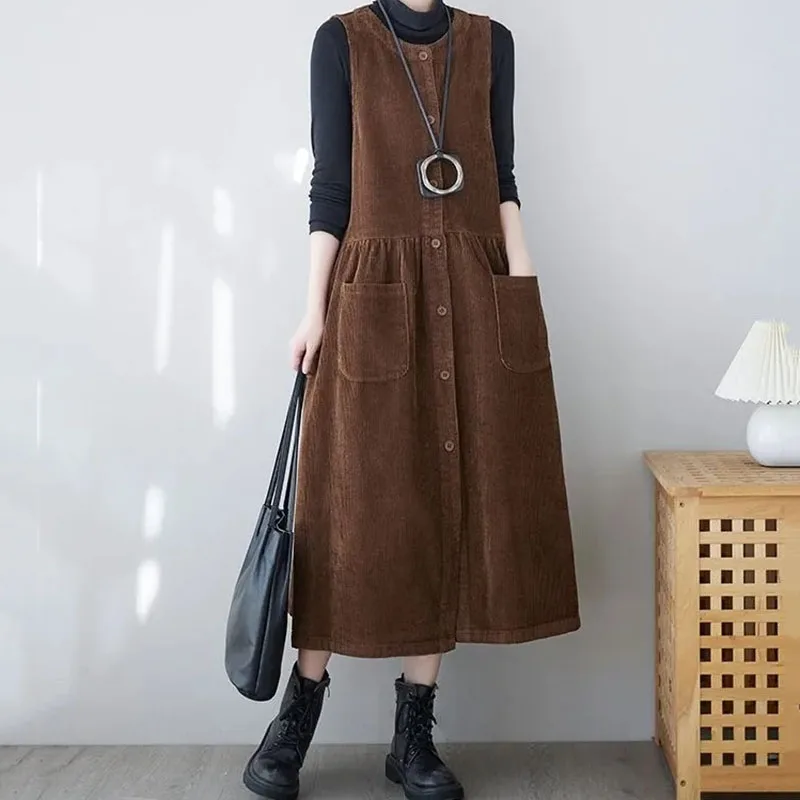 

Women's Retro Corduroy Dress, Long Casual Dresses, Single-Breasted, Sleeveless Vest Dresses, Spring, Autumn, New