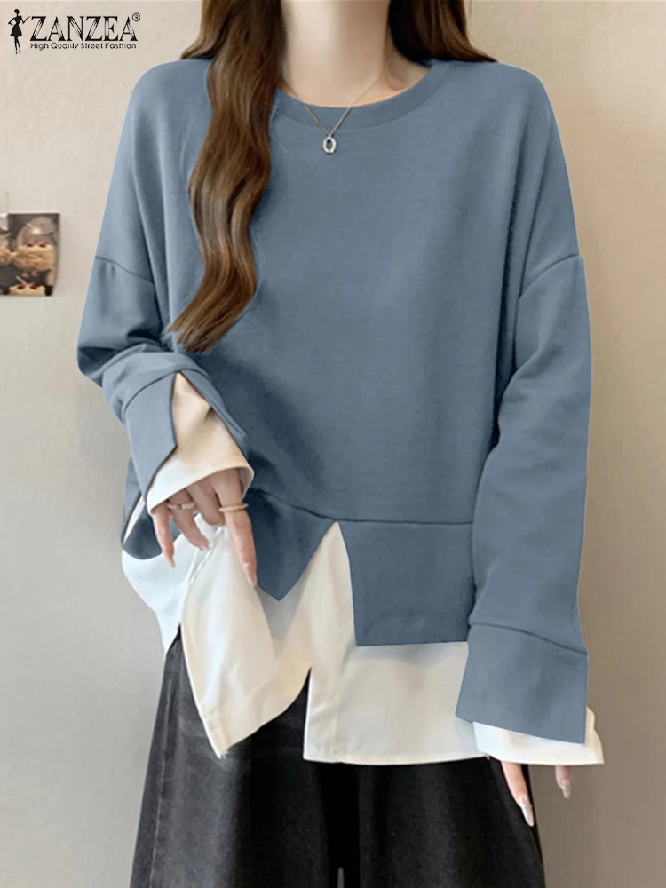 ZANZEA Einfache Patchwork Seite Schlitze Jumper Herbst Frauen Sweatshirts 2024 Casual Langarm Tops Urlaub Gefälschte 2PCS Dünne Pullover