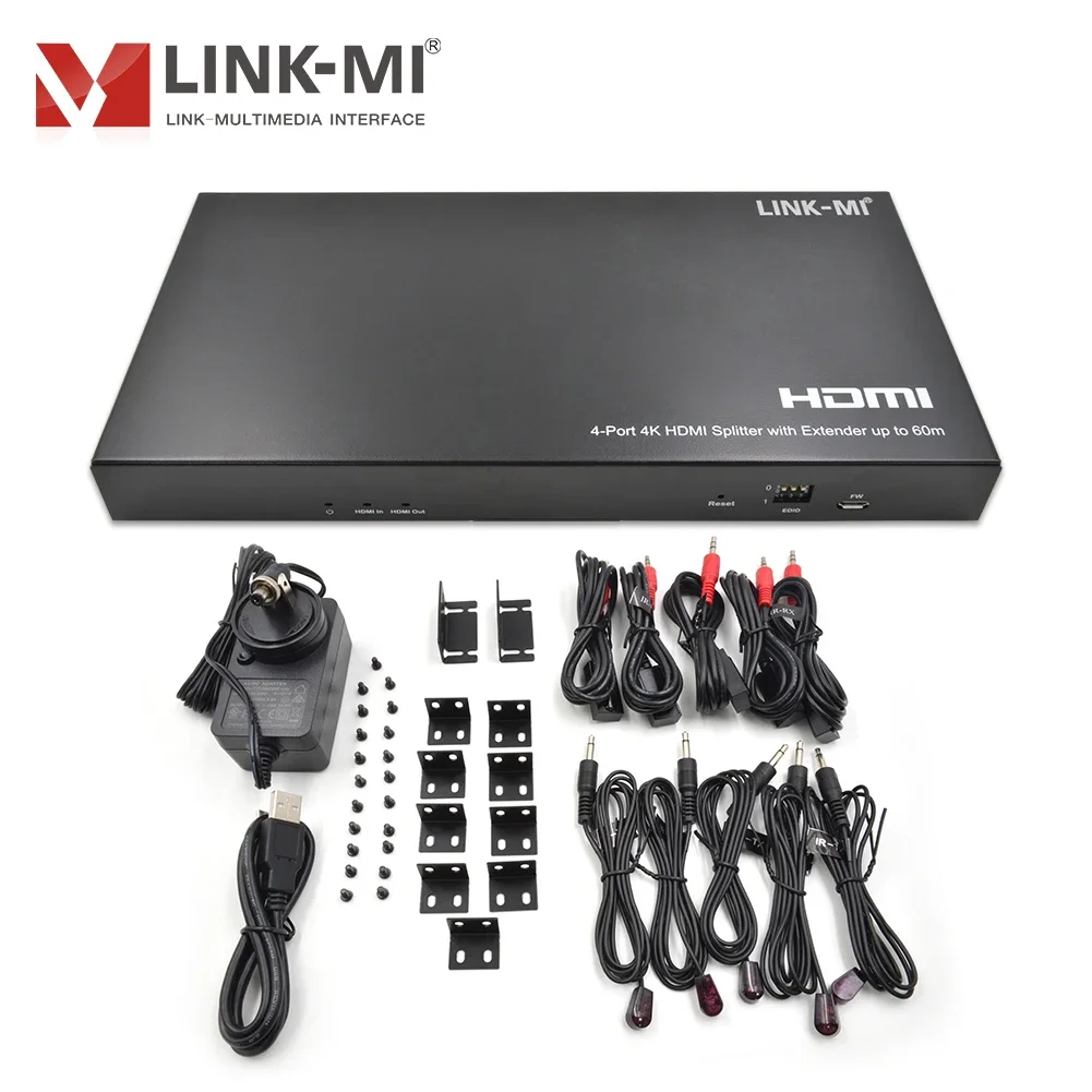

4-Port HDMI2.0 RJ45 Splitter Extender 60M Support with Analog & Digital Audio 4K60Hz 1X4 AV POC Spliter