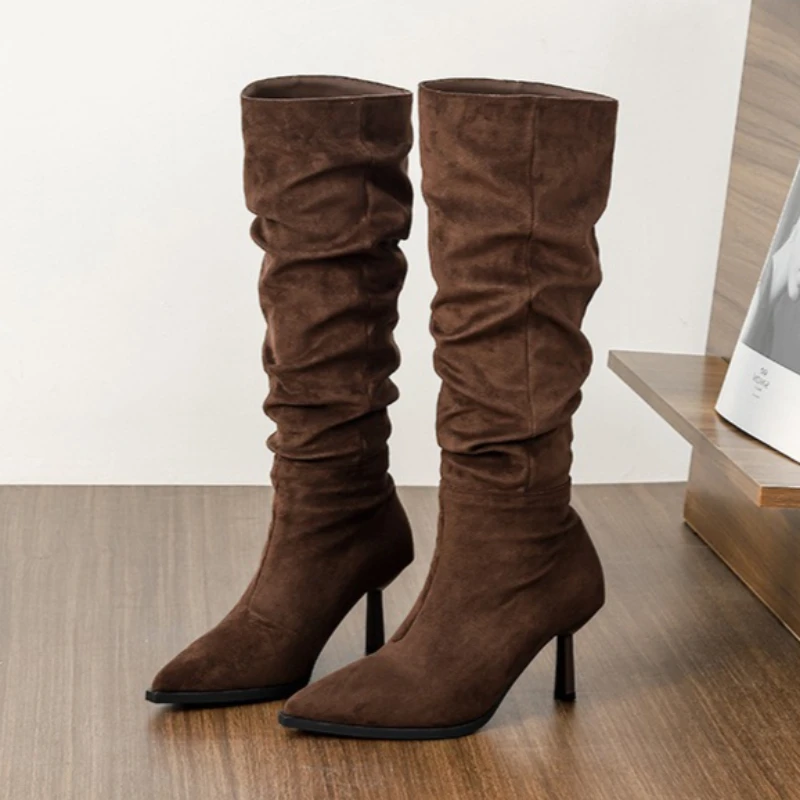 

Luxury Pleated Design Knee Boots Women High Quality Faux Suede Boots Fashion Pointed Toe Thin Heel Modern Boots Cozy Women Shoes