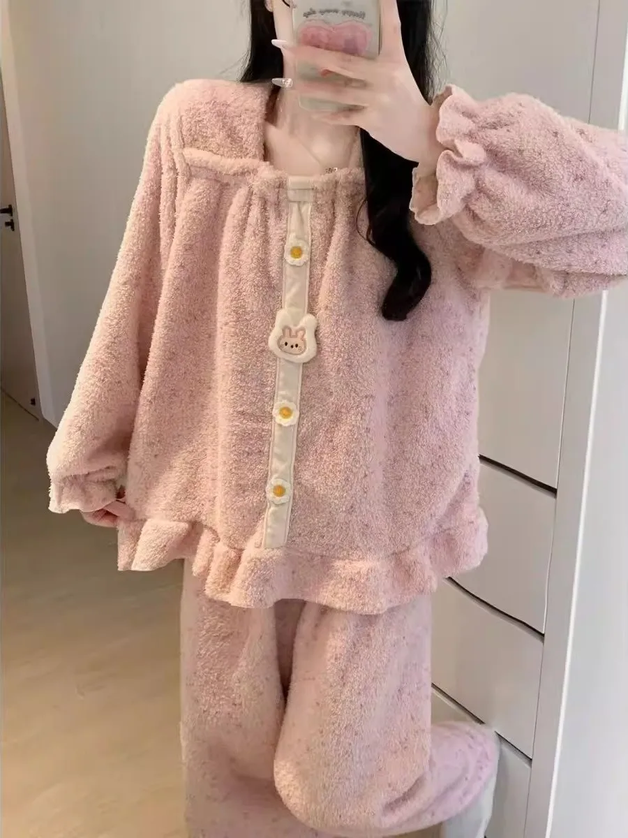 

Женская фланелевая пижама больших размеров (до 300 фунтов) с коралловым флисовым утеплителем, осенне-зимняя домашняя одежда, очаровательный комплект, ночная рубашка