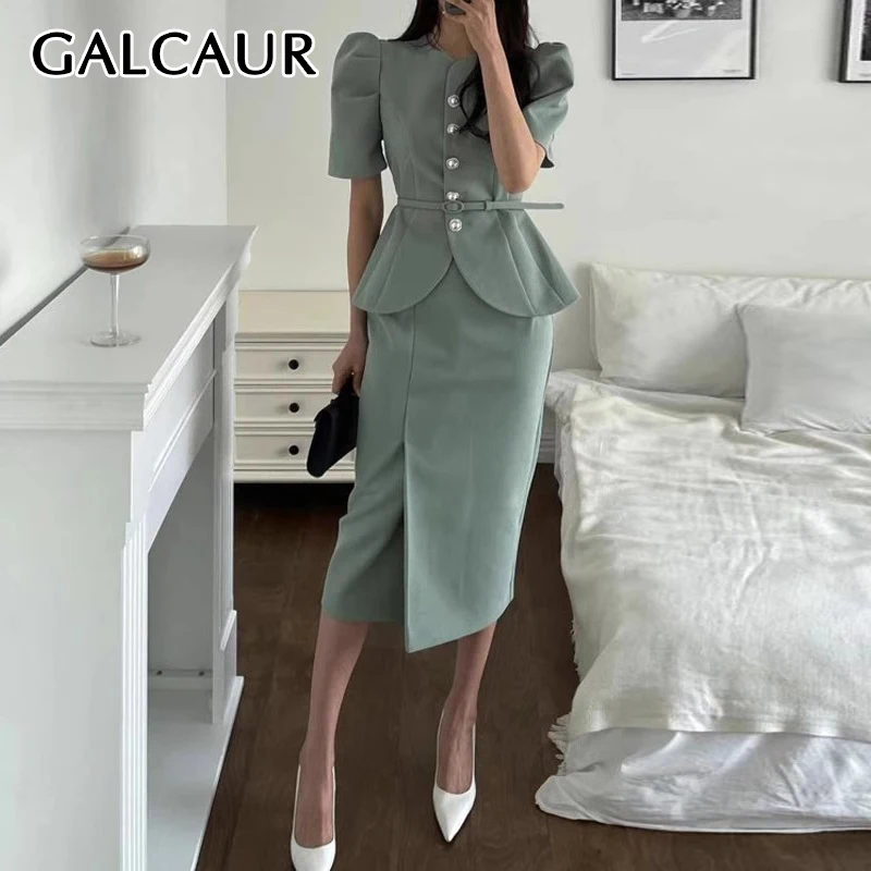 GALCAUR Elegant Two Piece Set Women O Neck Puff Sleeve Spliced Sashes Top High Waist Slim Midi Skirt Solid Suit Female New Style