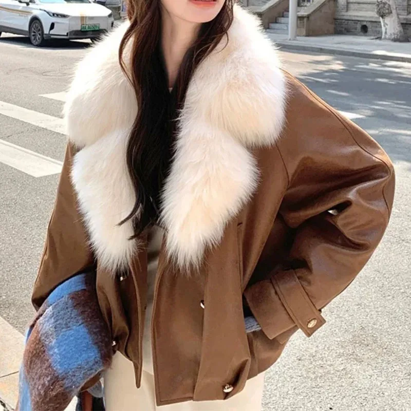 

Caramel Color Large Fur Collar Fur One-piece Down Jacket Women's New Winter Casual Thick Jacket