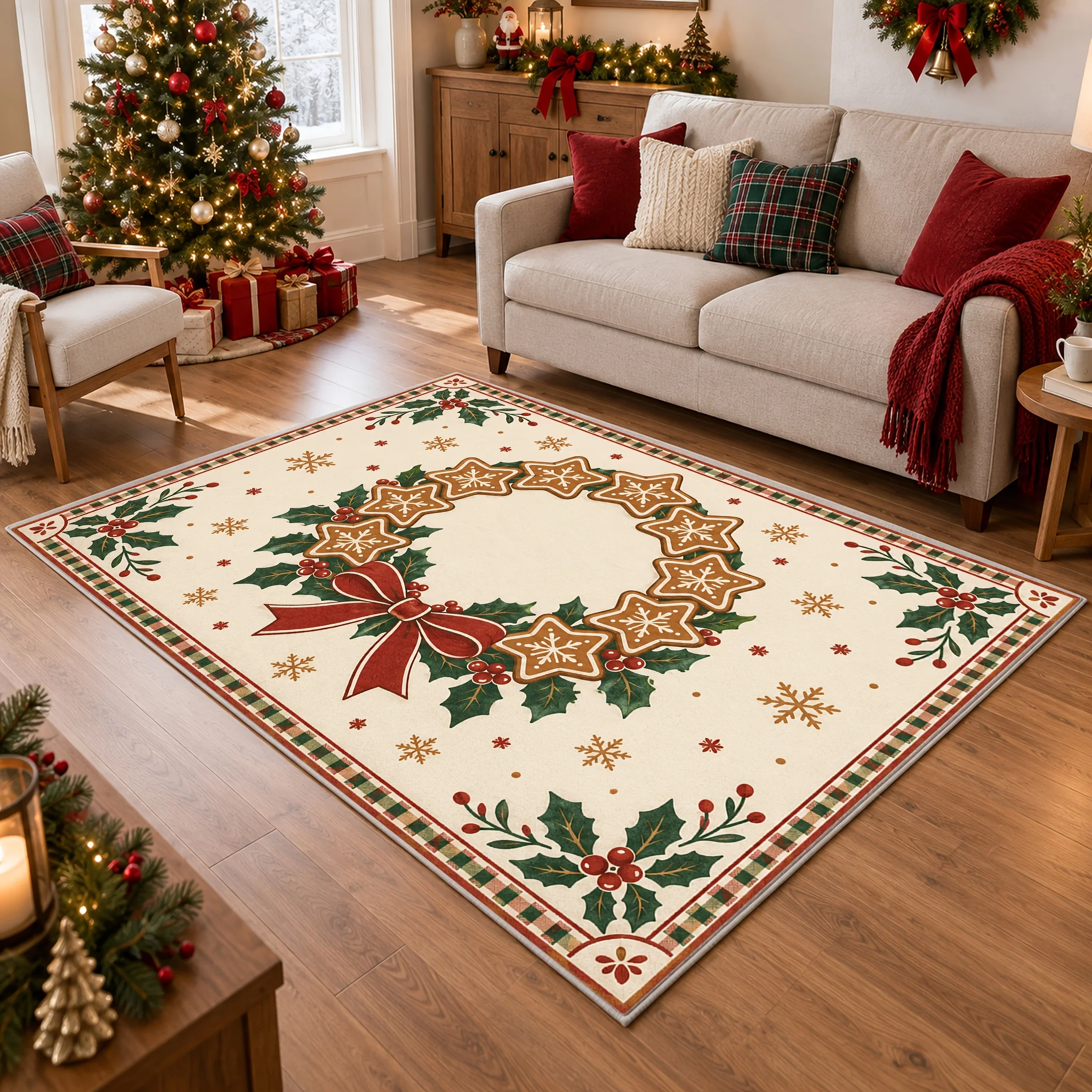 1pc Christmas Star Gingerbread Wreath Area Rug, 2D Flat Print, Indoor Floor Mat for Living Room, Xmas Home Decor