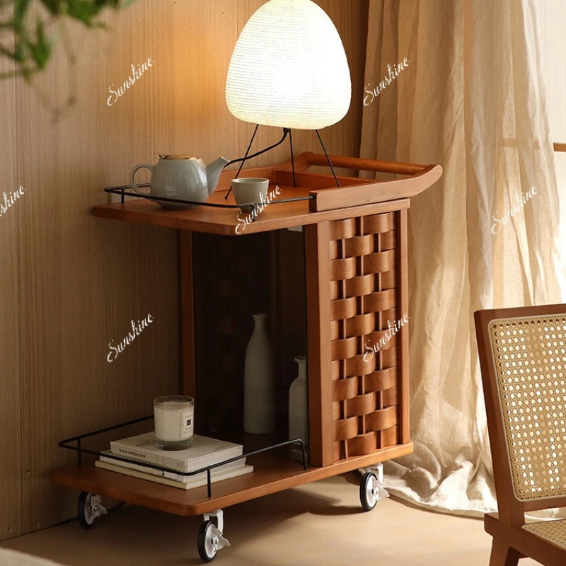 

Light luxury solid wood movable storage restaurant cart wine cabinet balcony bed sofa side table