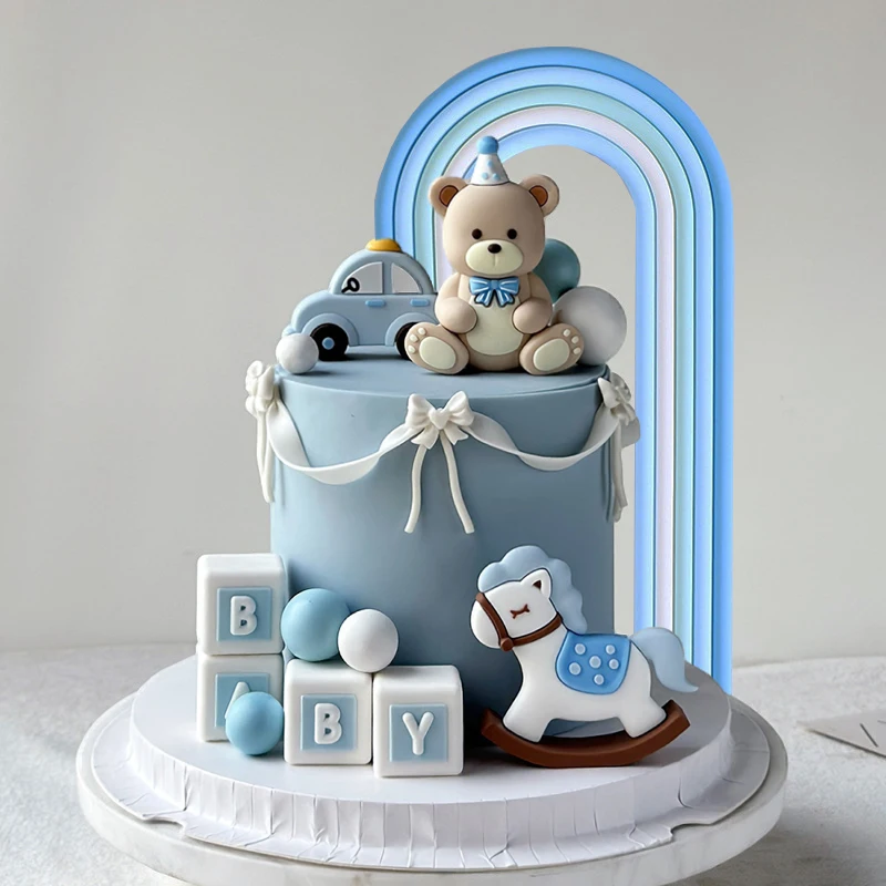 Blau Rosa Bär Kuchen Topper Baby Blöcke für Junge Mädchen Geburtstag Party Dekoration Regenbogen Thema Baby Dusche Geschlecht offenbaren Liefert