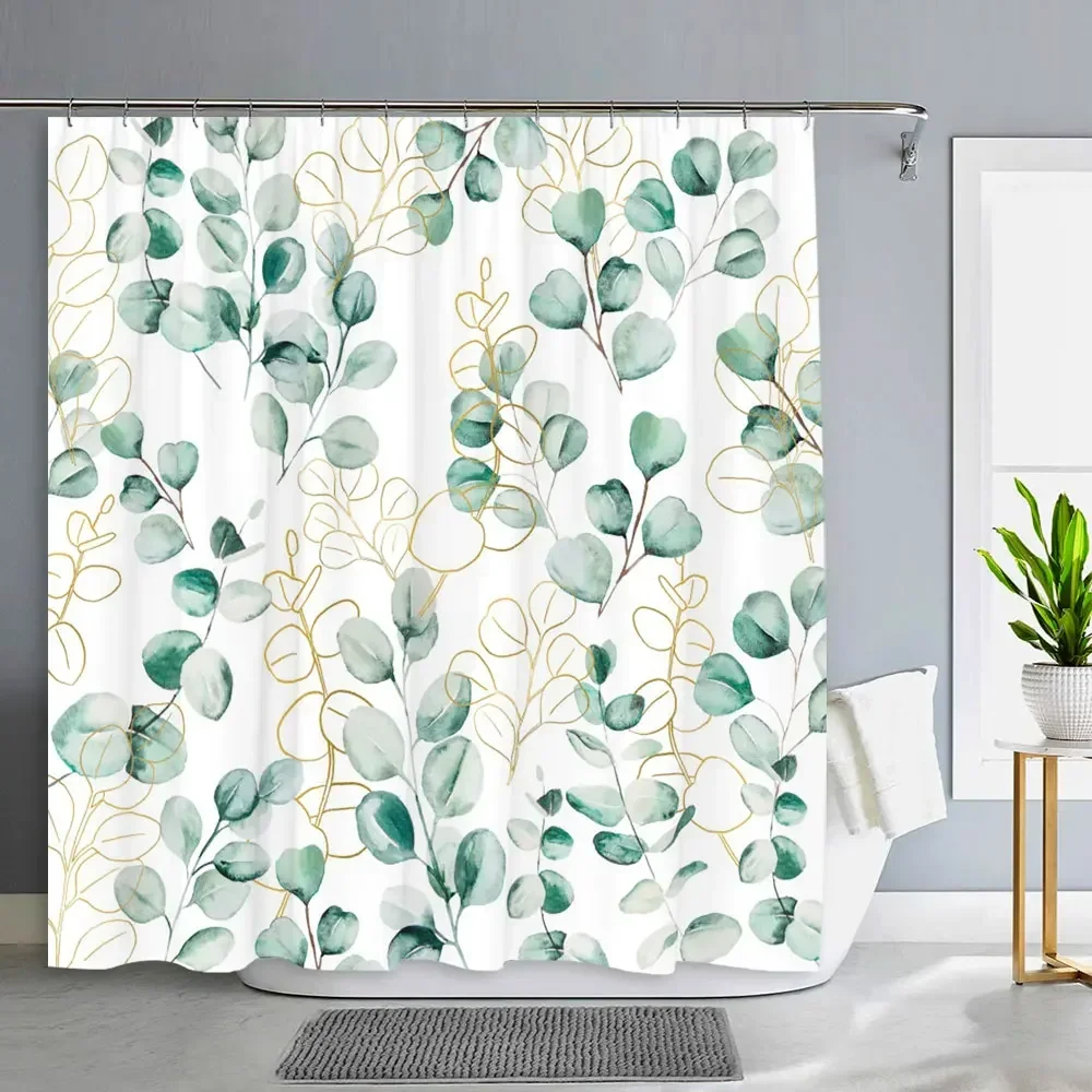 Green Plants Eucalyptus Leaves Shower Curtain Natural Watercolour Leaves Tropical Botanical Patterns Bath Curtain Bathroom Decor