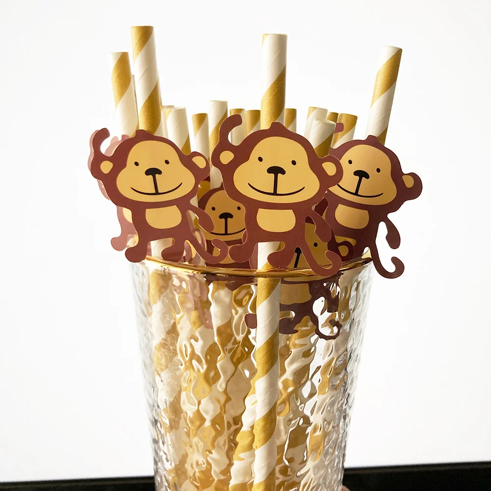 20 Pcs Monkey Patterned Paper Drinking Straws Biodegradable Yellow Straws Disposable Paper Straws MonkeyThemed Party Supplies