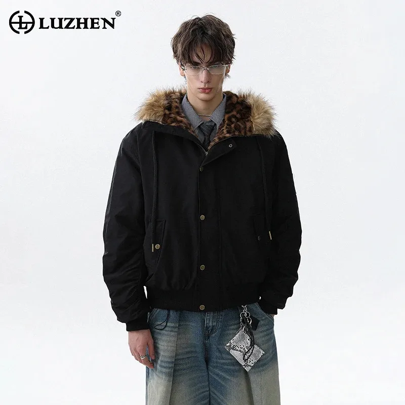 

LUZHEN 2025 Winter Leopard Print Brushed Liner Fur Hooded Padded Coat Men's Stylish Handsome Elegant Casual Parka Jacket JY5102