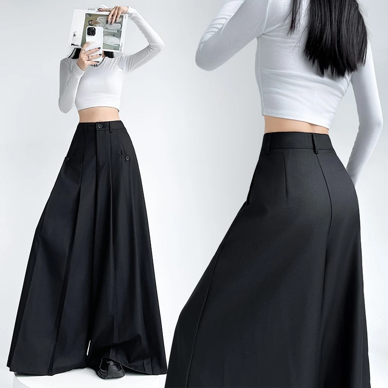 2025 جديد الخريف خمر رمادي عالية الخصر بنطال ذو قصة أرجل واسعة للنساء عالية الخصر مستقيم عادية فضفاض كامل طول السراويل الإناث