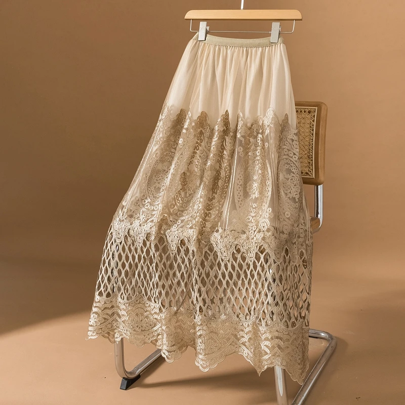 الرجعية تفريغ الدانتيل مطوي ميدي تنورة للنساء ربيع الخريف حجم كبير التخسيس ألف خط تنورة عالية الخصر العادية رقيقة