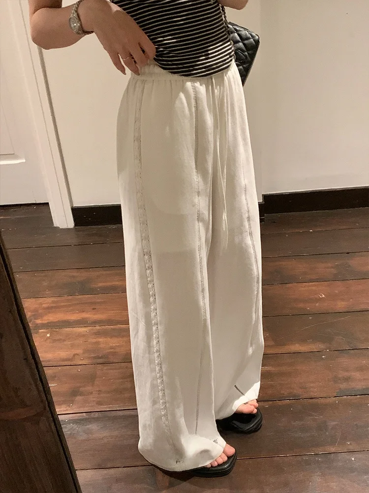 

Bla Bean H Humming Lace Splice Wide Leg Pants Women's Spring Summer Elastic Waist Thin Straight Casual Trousers