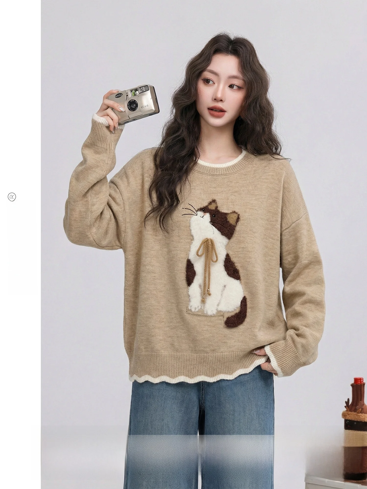 

Retro Sle Knitted Sweater Women's Winter Warm Patterned Top Cute Feline Design Soft Acrylic Polyester Nylon Blend