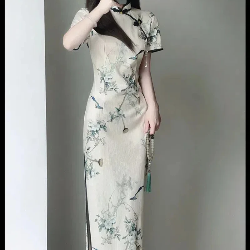 New Chinese Style Cheongsam Dresses Female Summer 2024 New Pattern Waist Temperament Short Sleeve Stand Collar Women\'s Clothing