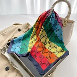 70*70cm Korean Rainbow Silk Square Scarf Women Print Satin Shawl Wrap Hijab Female Bind Hair Band Wrist Luxury Headkerchief