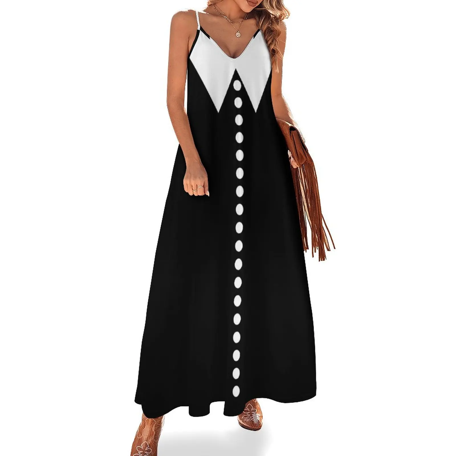 

Faux Collar and Buttons Black and White Sleeveless Long Dress clothes for woman Dress