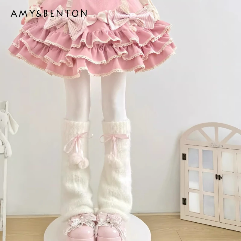 

Original Design Feather Yarn Plush Flared Women‘s Socks 2025 Winter Cute Bow Pom-Pom Tie Mink Fur Lolita Warm Leg Warmers Girl