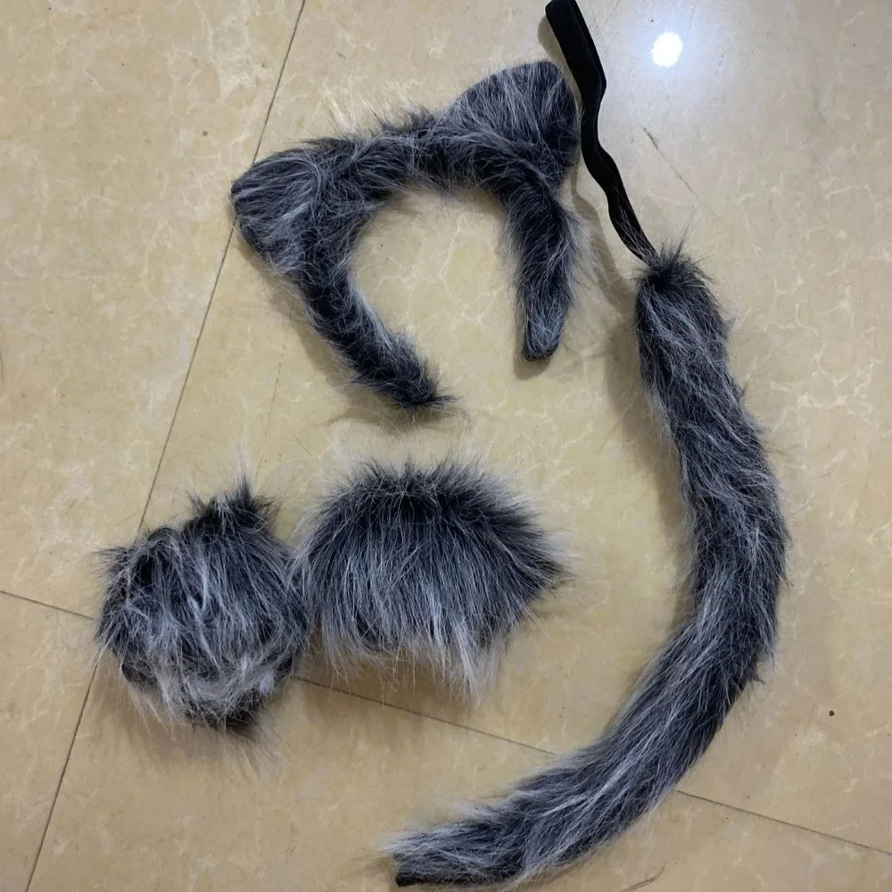 4pcs/set Furry Gray Wolf Costume Set Faux Fur Exquisite Wolf Ear Headband Lightweight Fluffy Animal Cosplay Outfit Carnival