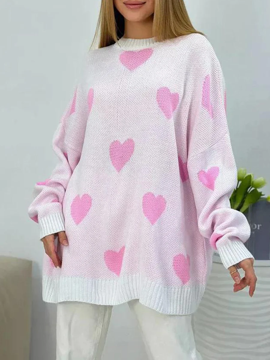 

Cathery Women's Spring Autumn Knit Sweater Long Sleeve O Neck Heart Print Loose Knitwear