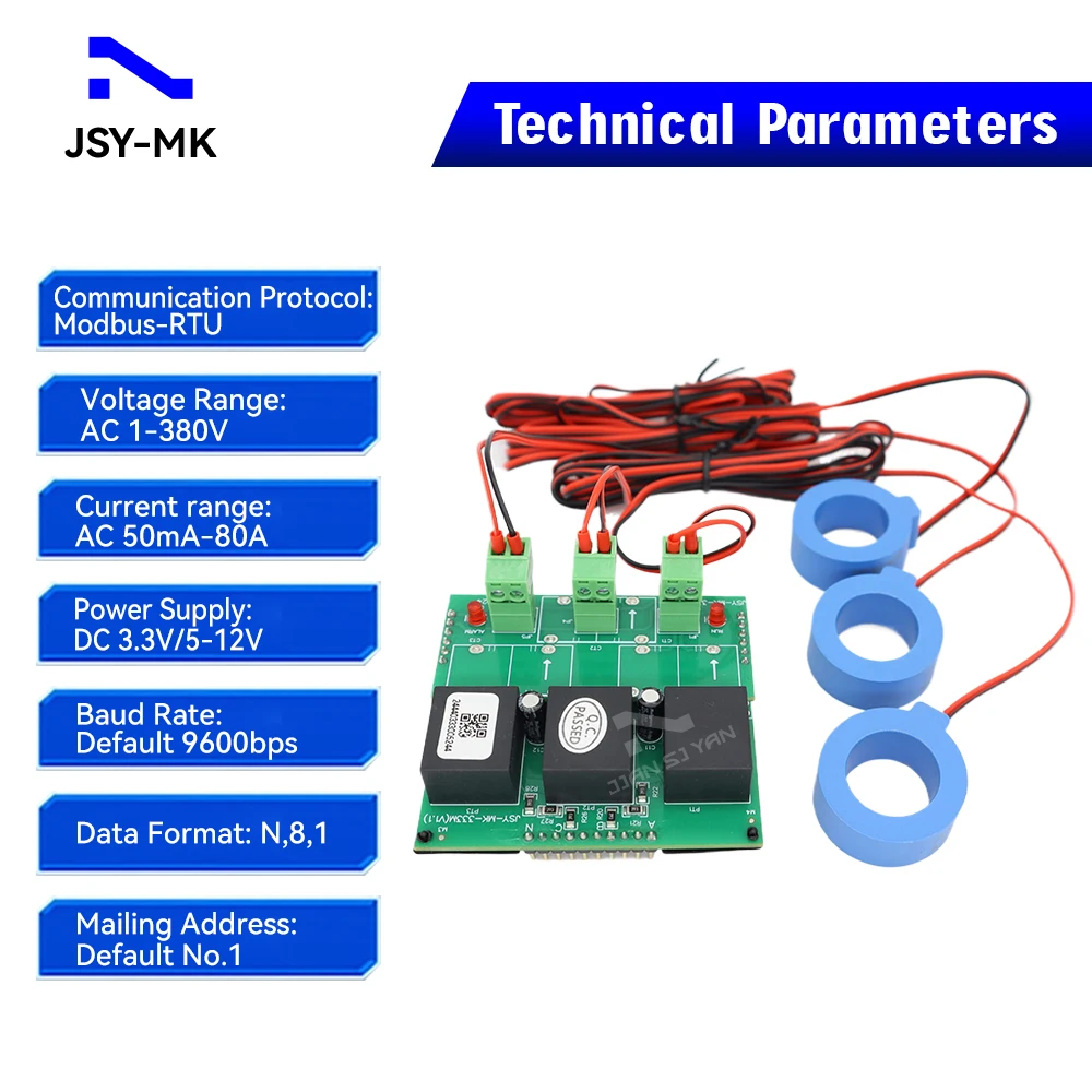 JSY-MK-333 80A 3P4W Bidirectional Current Voltage Electric Energy Meter With RS485 TTL External Enclosed CTs