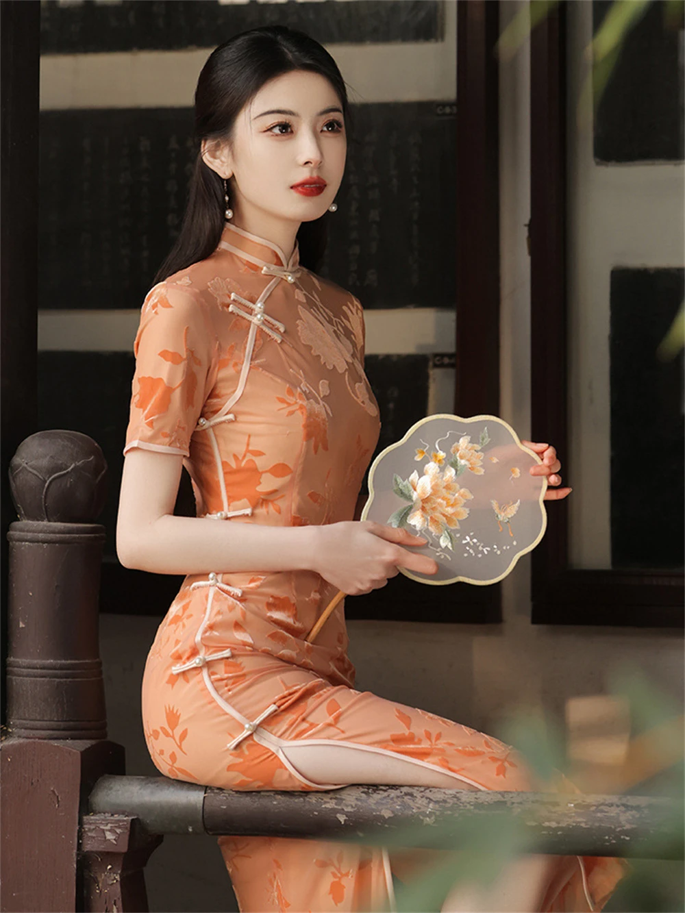 

Cheongsam Improved Young Girls Orange Jacquard Qipao Vestidos Summer Daily Wear Long New Chinese Traditional Dress Evening Gown