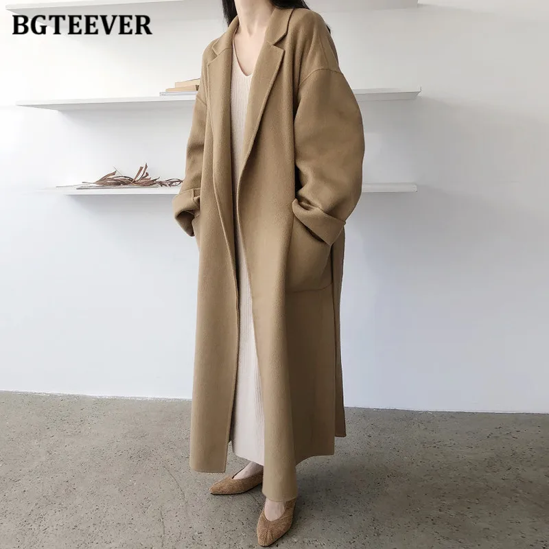 BGTEEVER-Sobretudos de lã, mistura longa, elegantes casacos de lapela, manga cheia, cordões, bolsos soltos, feminino, inverno