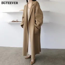 BGTEEVER Winter Loose Pockets Women Long Blend Coats Elegant Lapel Full Sleeve Lace-up Female Woolen Overcoats