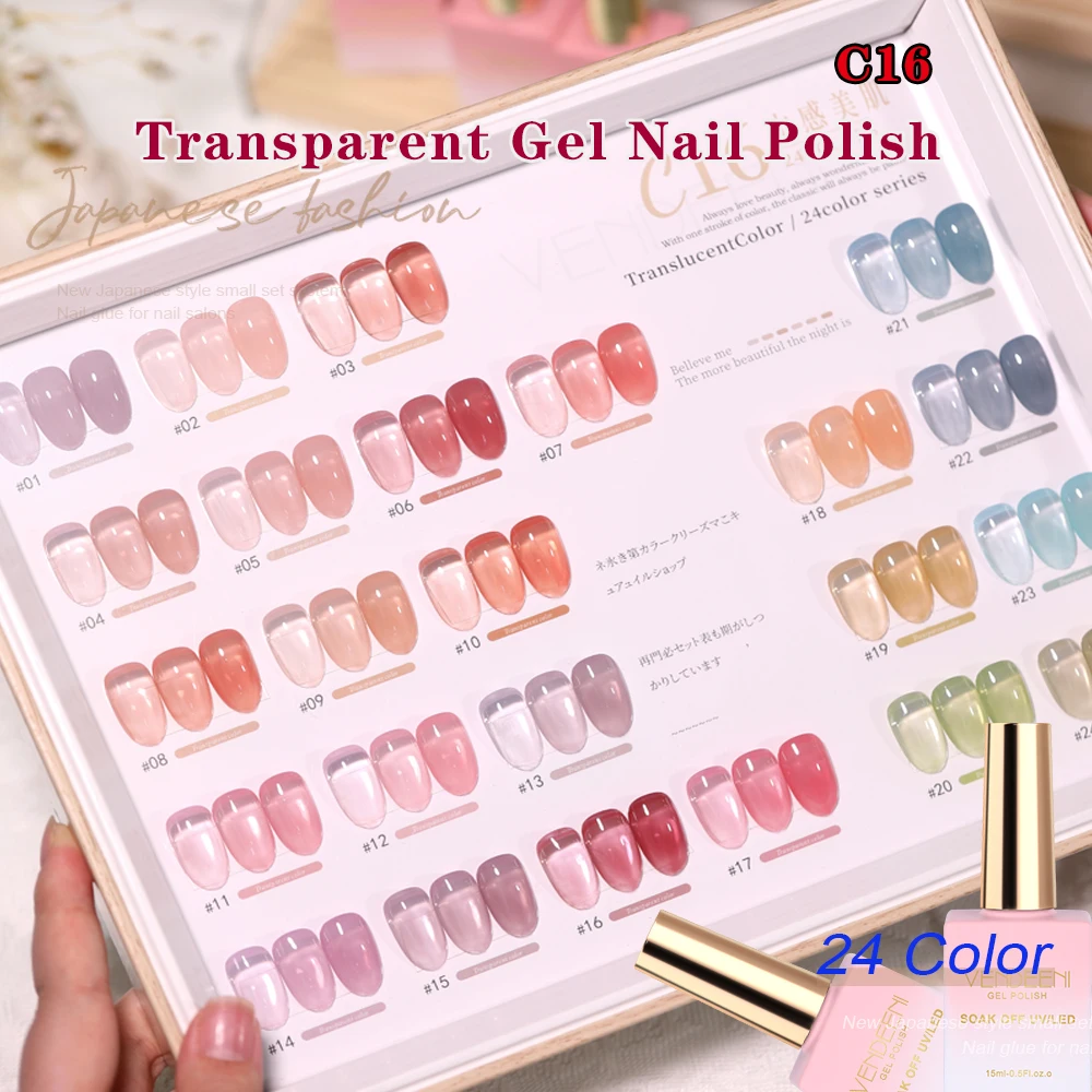 Vendeeni 24 Kleuren/Set Transparante Jelly Naakt Gel Nagellak UV LED Glitter Cat Eye Magnetische Nagellak Met kleurenkaart