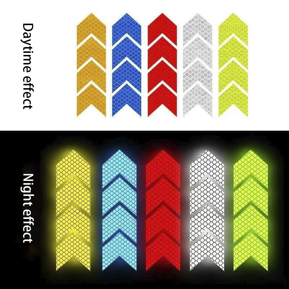10Pcs/Set Reflective Arrow Sign Tape Warning Safety Sticker Car Bumper Trunk Reflector Hazard Reflective Motorbike Tape Decal