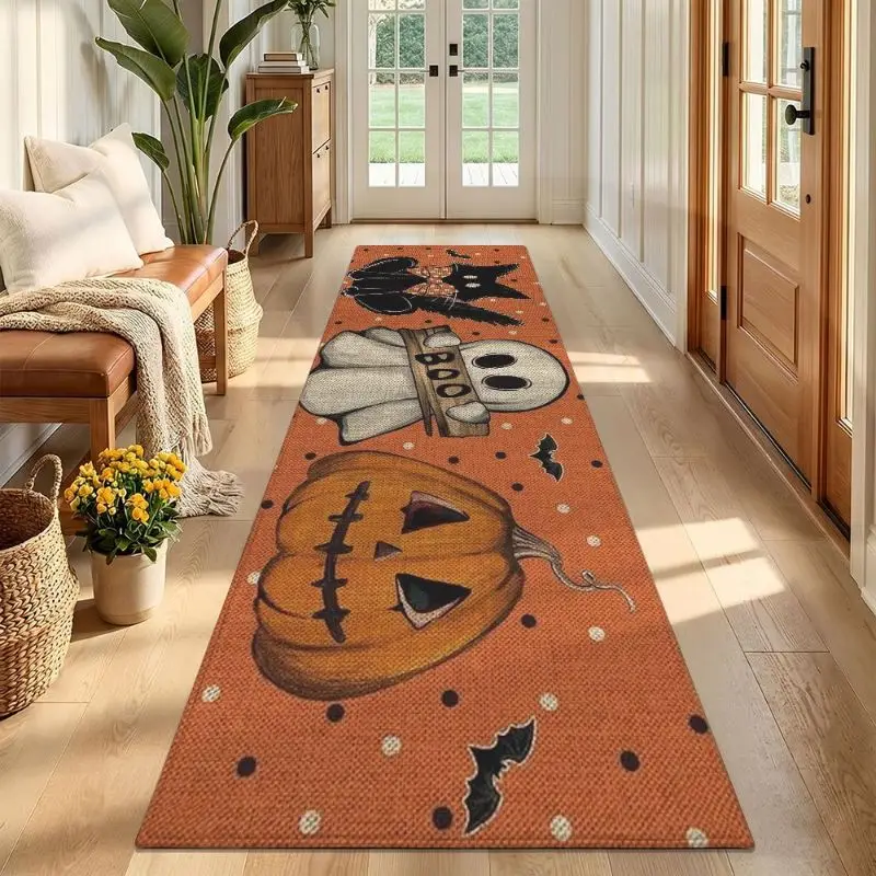 VIKAMA Orange Polka Dot BOO Ghost Rug, Cute Halloween Non-Slip Carpet, Aesthetic Bedroom Kitchen Fall Holiday Decor - view 2