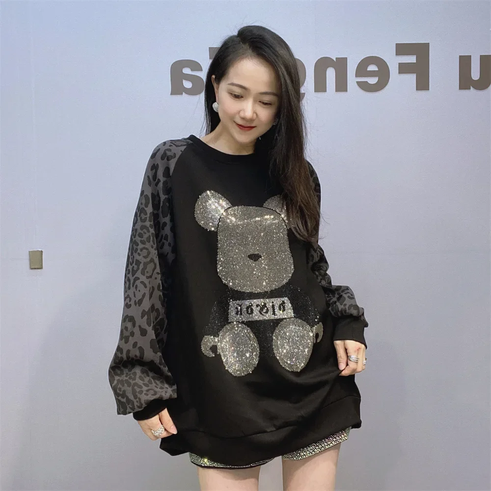 Cartoon Bear Diamonds Hoodie Women Vintage Clothes Leopard Print Sleeve O Neck Pullover Knitwear Casual Tops Loose Sweatshirt