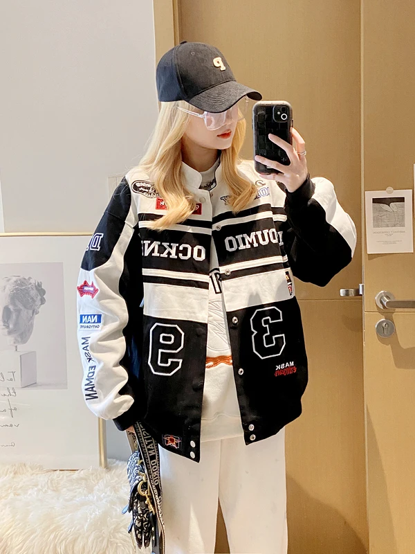 

Женская бейсбольная куртка Sli 2026: Новинка, модный осенний гоночный костюм в европейском мотоциклетном стиле, с вышивкой, из хлопка, с длинными рукавами