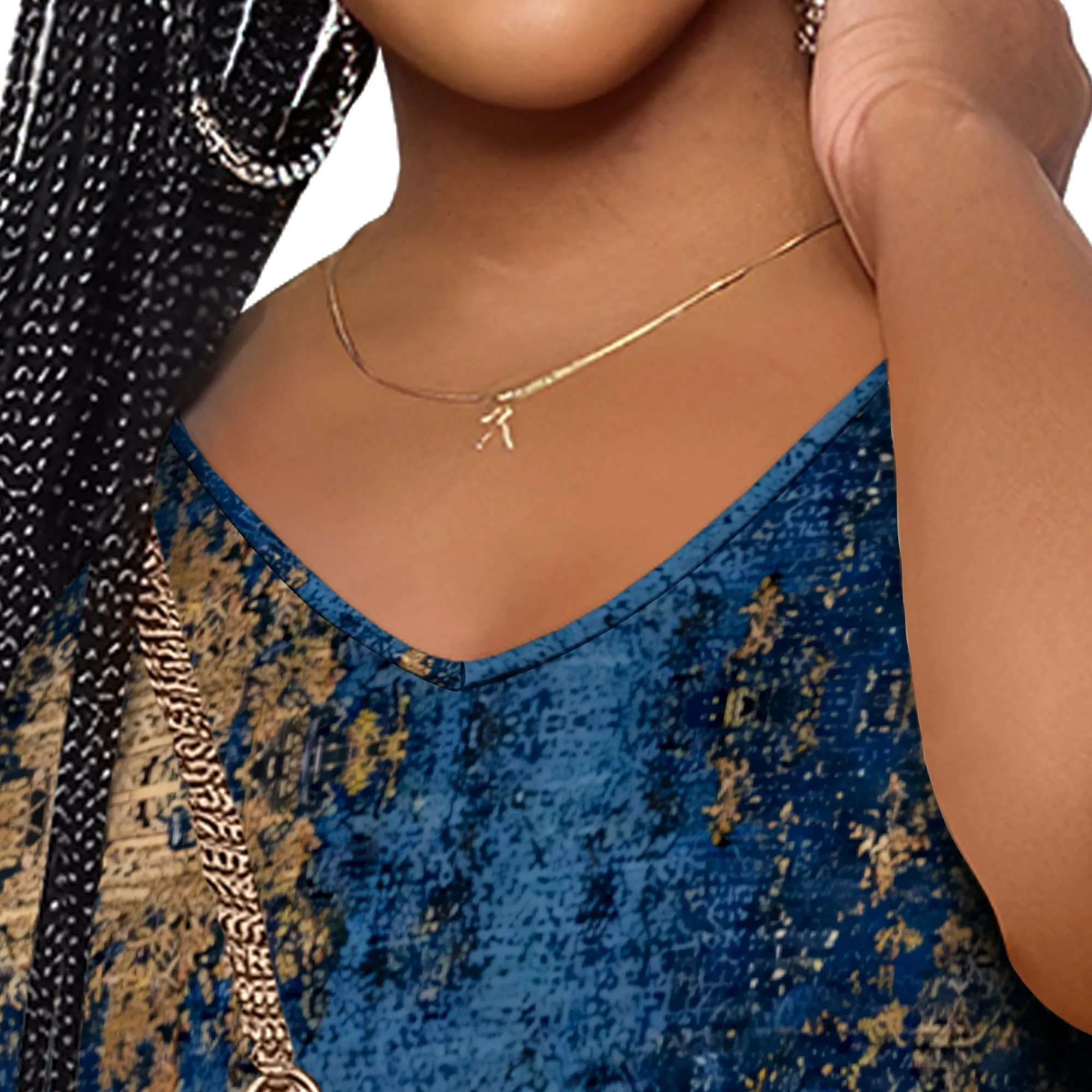 V-Neck Maxi Dress Abstract Blue Gold Print Elegant Casual Summer Wear