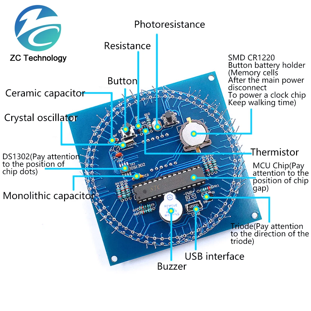 Rotating LED Display Alarm Electronic Clock DIY Kit Case Shell Light Control Temperature DS1302 C8051 MCU Module STC15W408AS