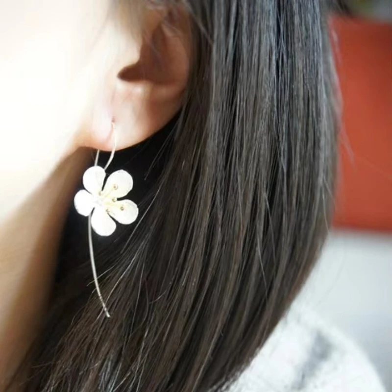 925 Sterling Silver Flower Long Tassel Earrings For Women Thai Process Elegant Lady Sterling silver jewelry
