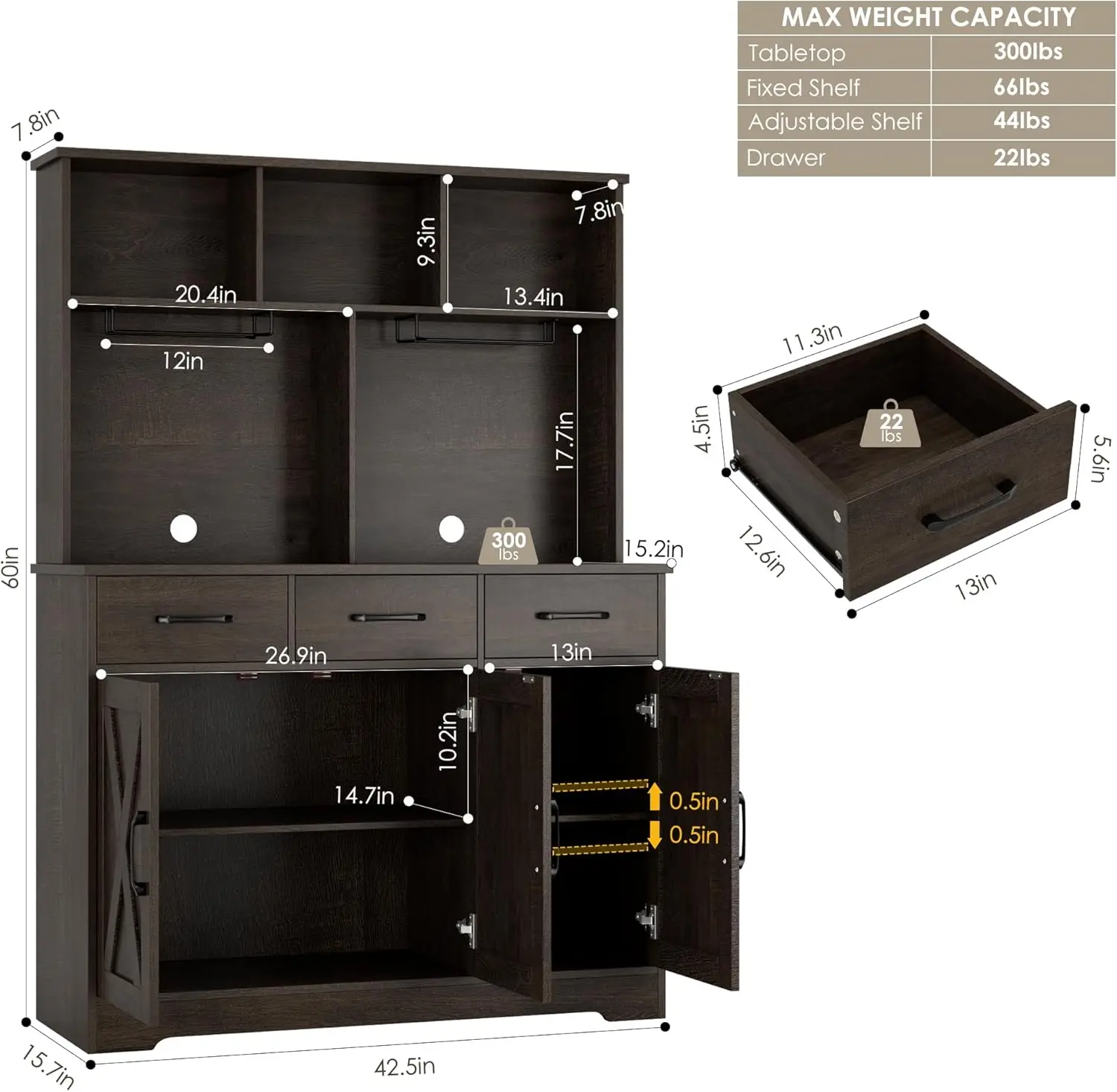 허치가 있는 모던 팜하우스 뷔페 캐비닛, 서랍 3개, 헛간 문 커피 바, 다크 브라운