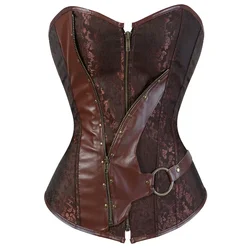 Overbust Corset Top Pirate Jacquard Vintage Corsets for Women Lace Up Corset Belt Steampunk Cosplay Costume Brown