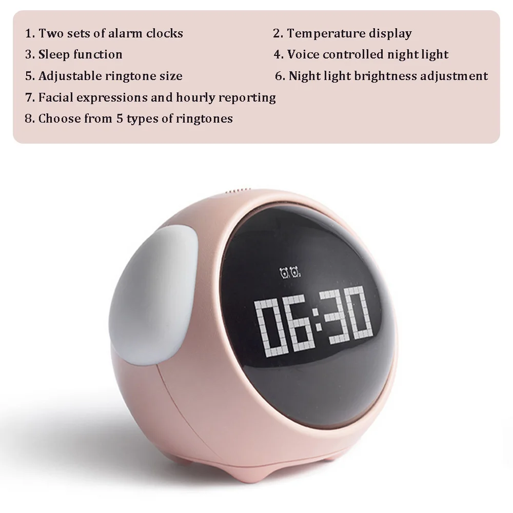 New Night Light Cute Expression Alarm Clock Child Alarm Clock Voice Controlled Light Multifunctional For Home Thermometer