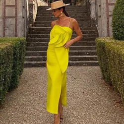 Adjustable Straps Handmade Flower Satin Dress Ankle Length Long Party Dresses Woman For Weddings Yellow Dress With Slit