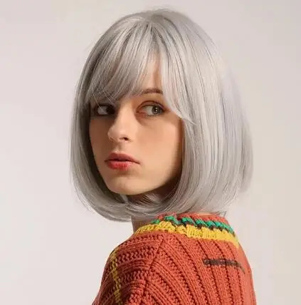 

Cute Party Grey Short Straight Synthetic Wig For Women Fashion Natural Looking Hair Replacement Wigs For Party Cosplay Ha