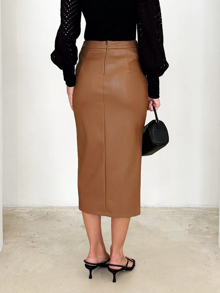 Women's Autumn Winter Pu Leather High Waisted Zipper Pleated Midi Skirts Sexy Bodycon Office Lady Trendy Skirt